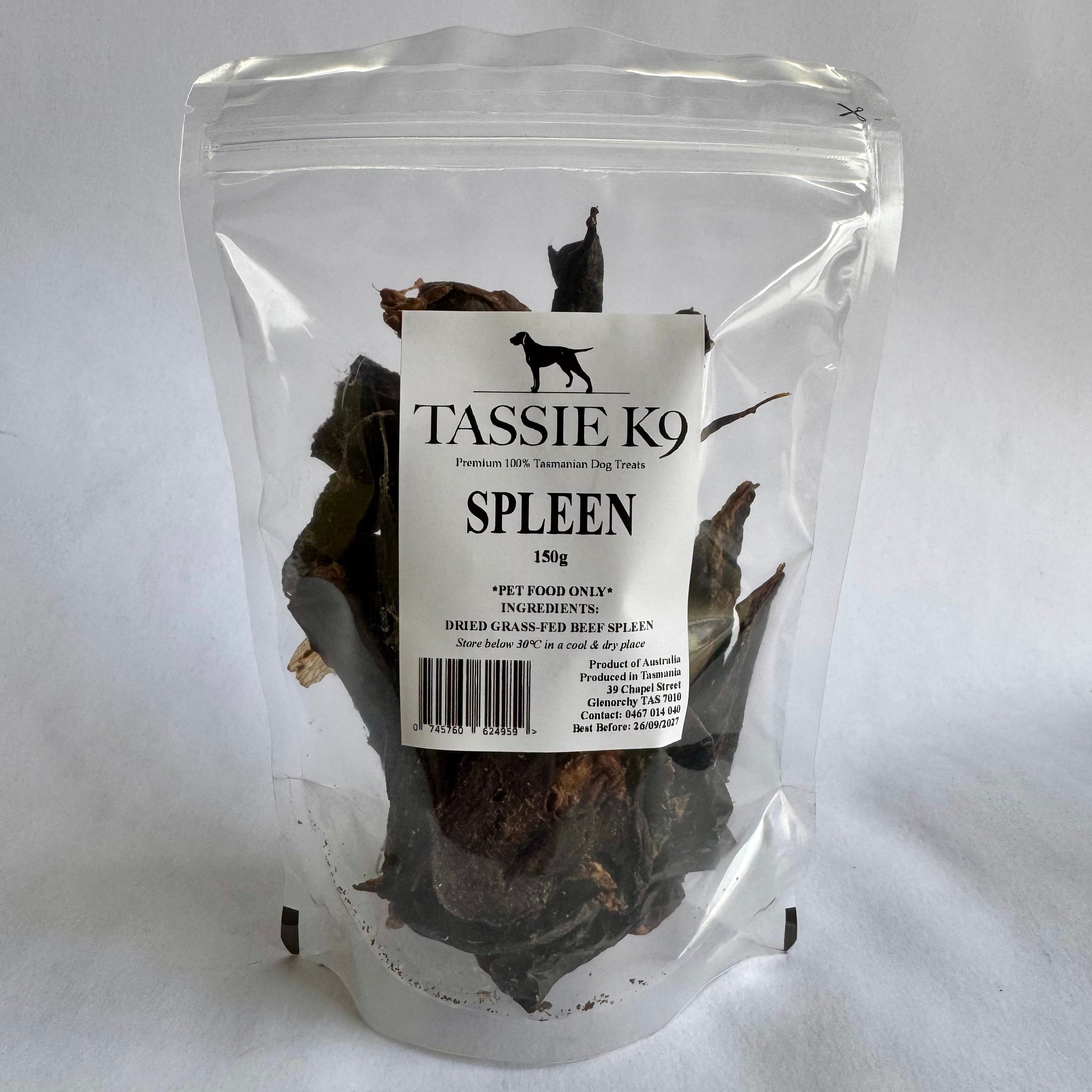 Package of Tassie K9 dog food with a label on a white background