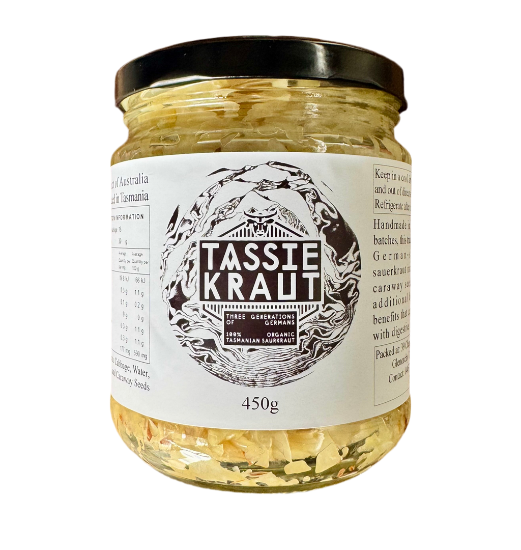 Jar of Tassie Kraut with a white label on a white background