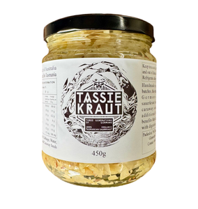 Jar of Tassie Kraut with a white label on a white background