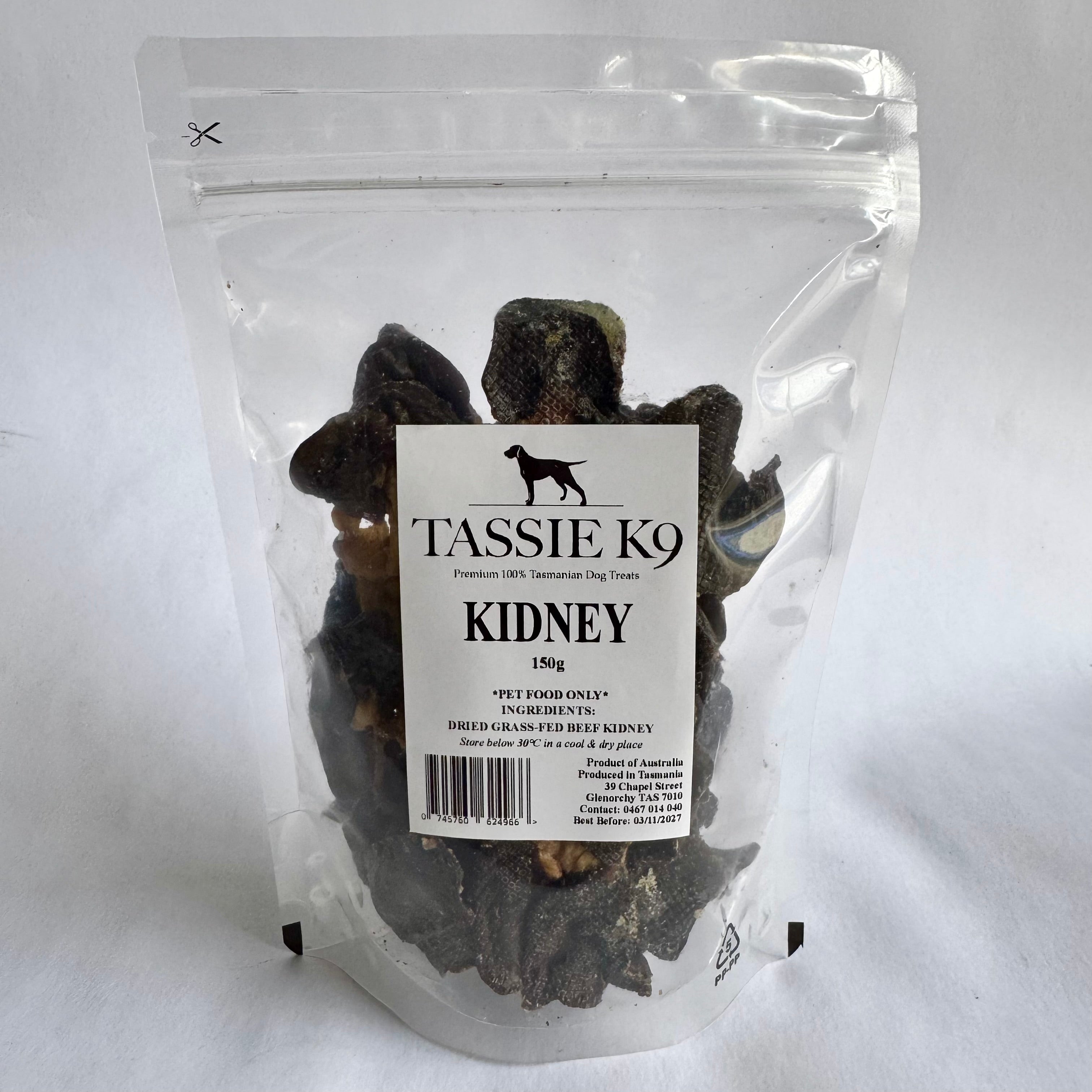 Package of Tassie K9 dog food with a label on a white background