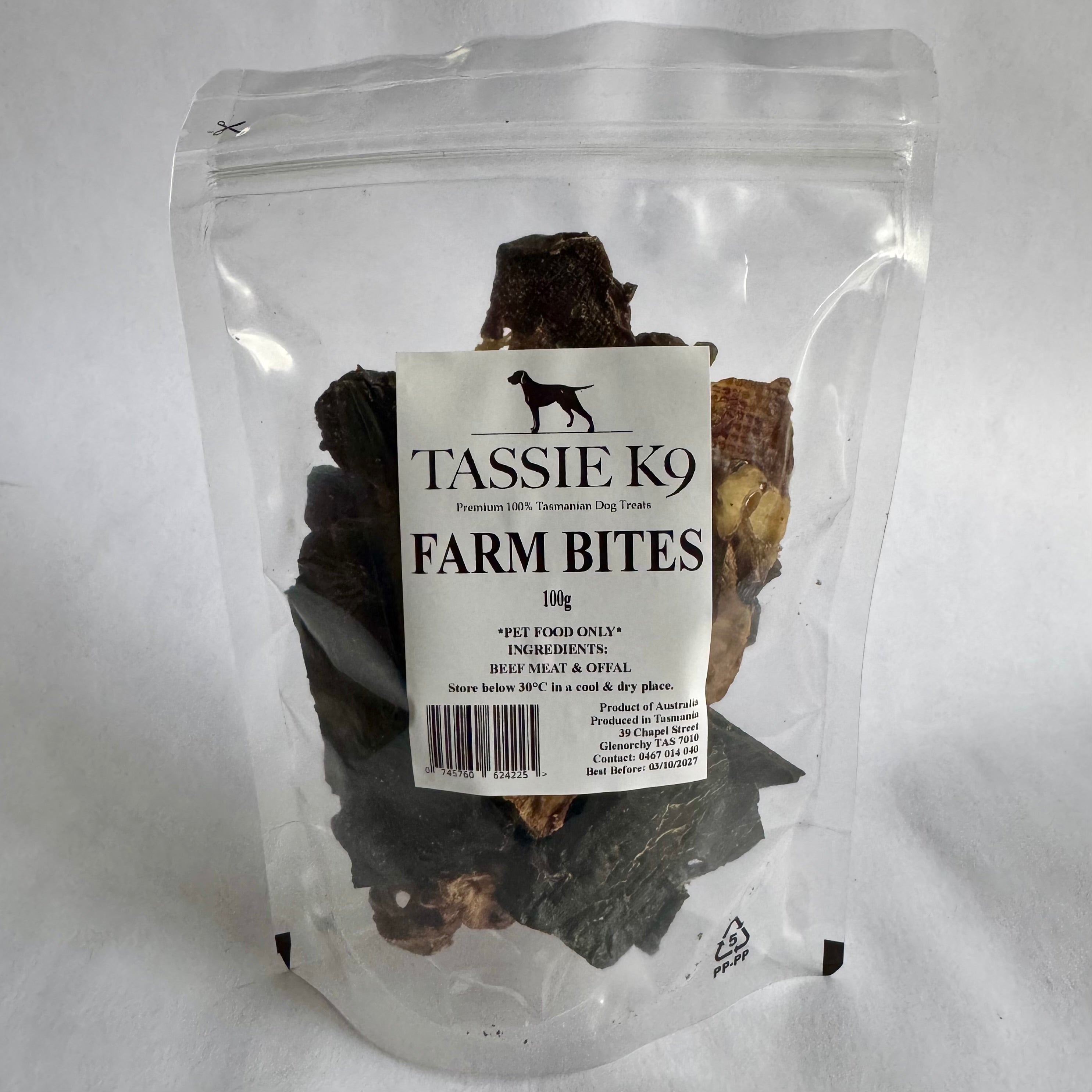 Tassie K9 Farm Bites packaging on a white background