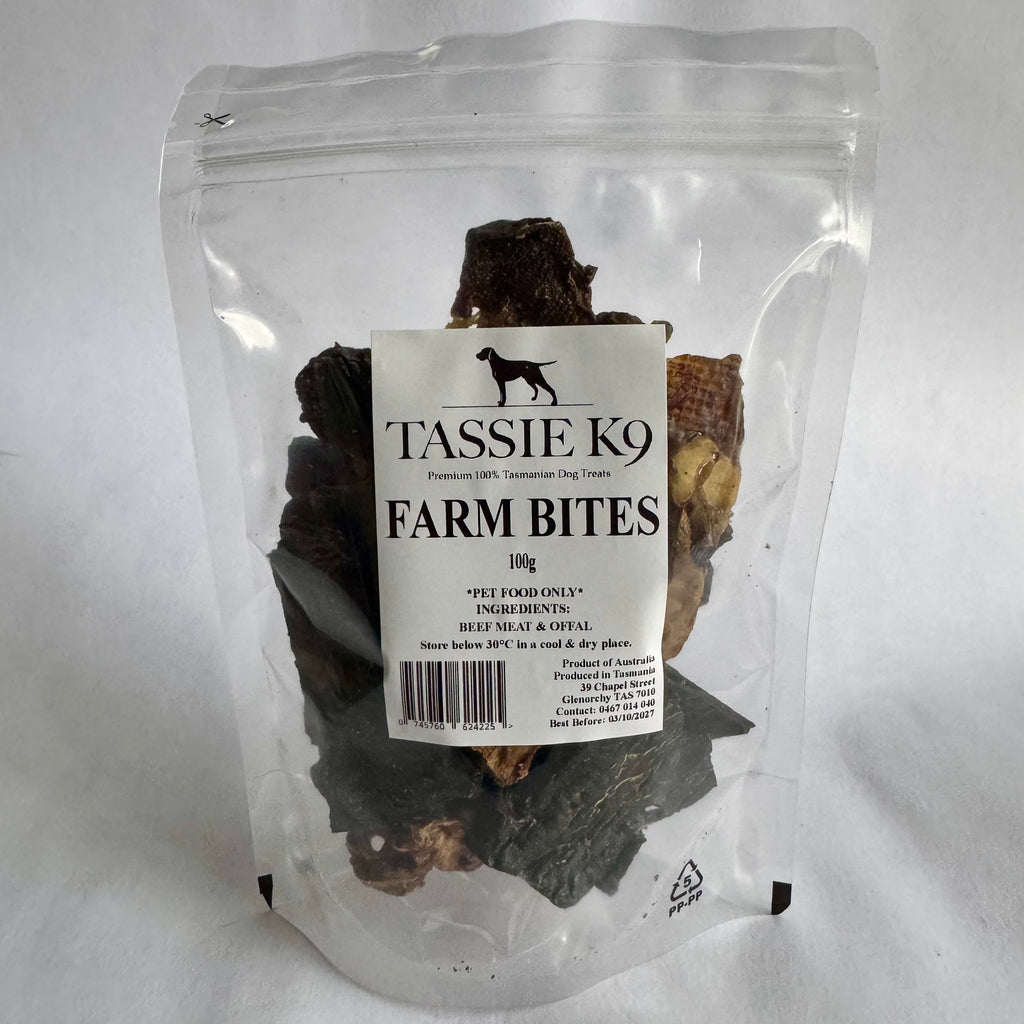 Tassie K9 Farm Bites packaging on a white background