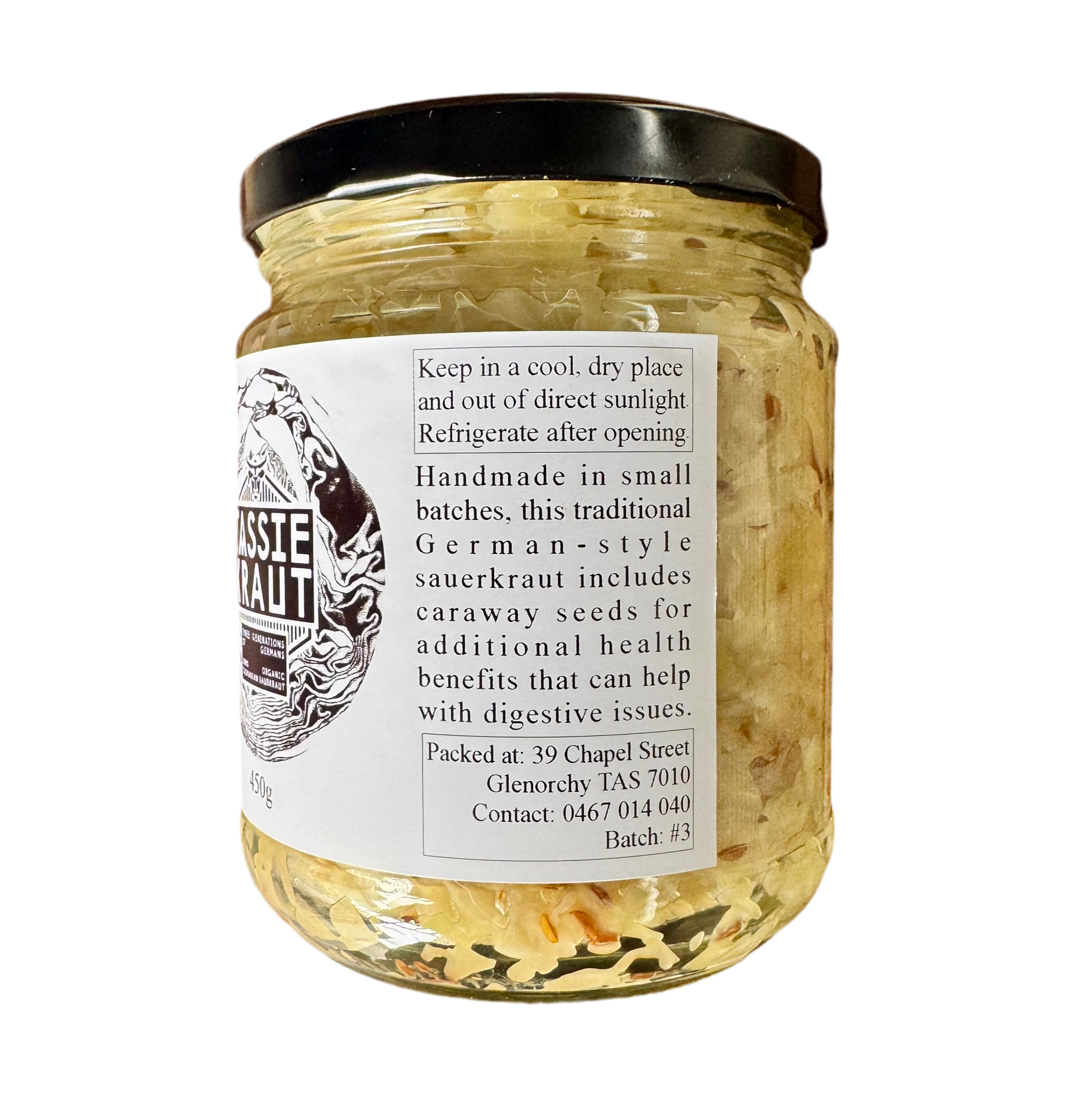 Jar of sauerkraut with a label on a white background