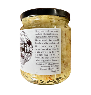 Jar of sauerkraut with a label on a white background