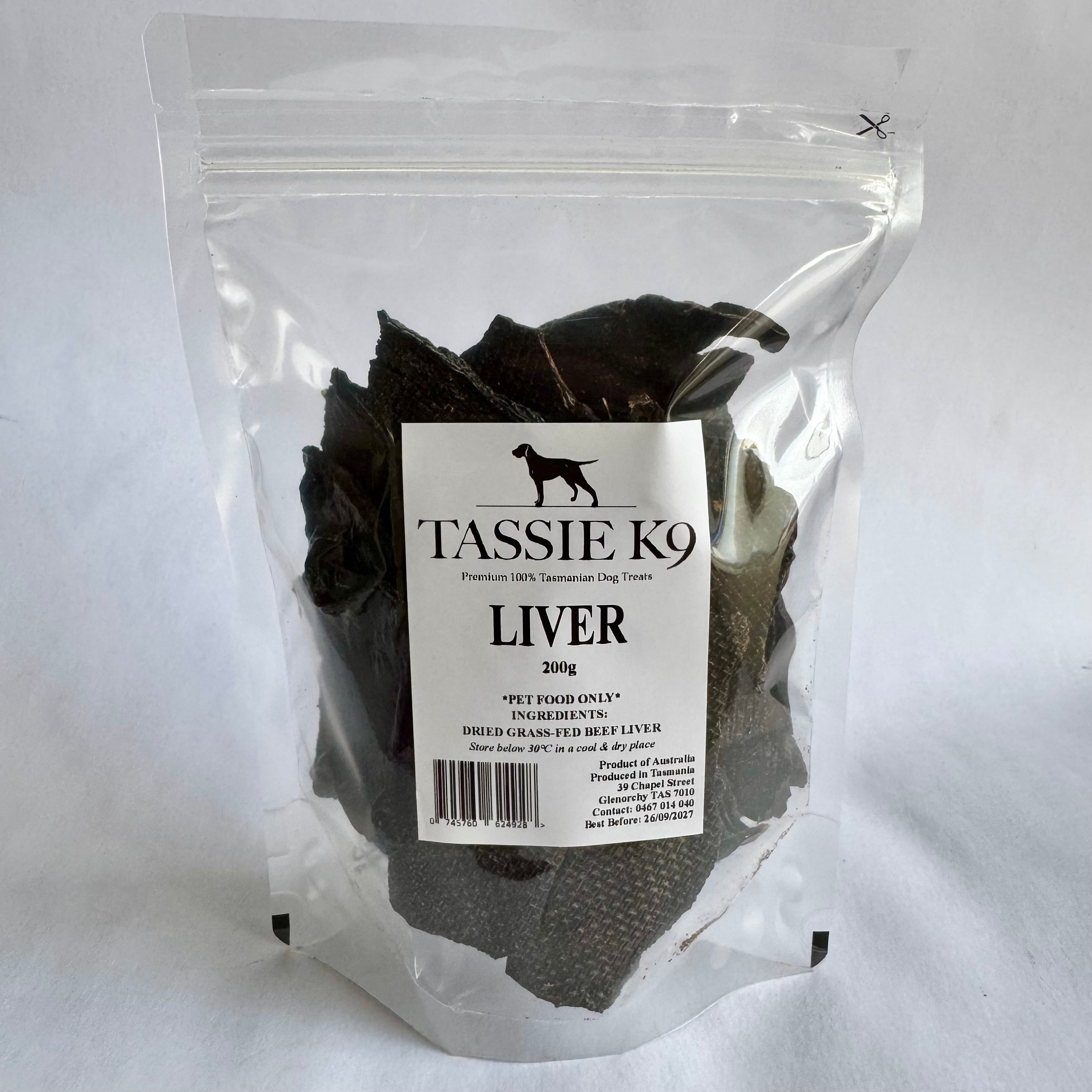 Package of Tassie K9 liver treats for dogs on a white background