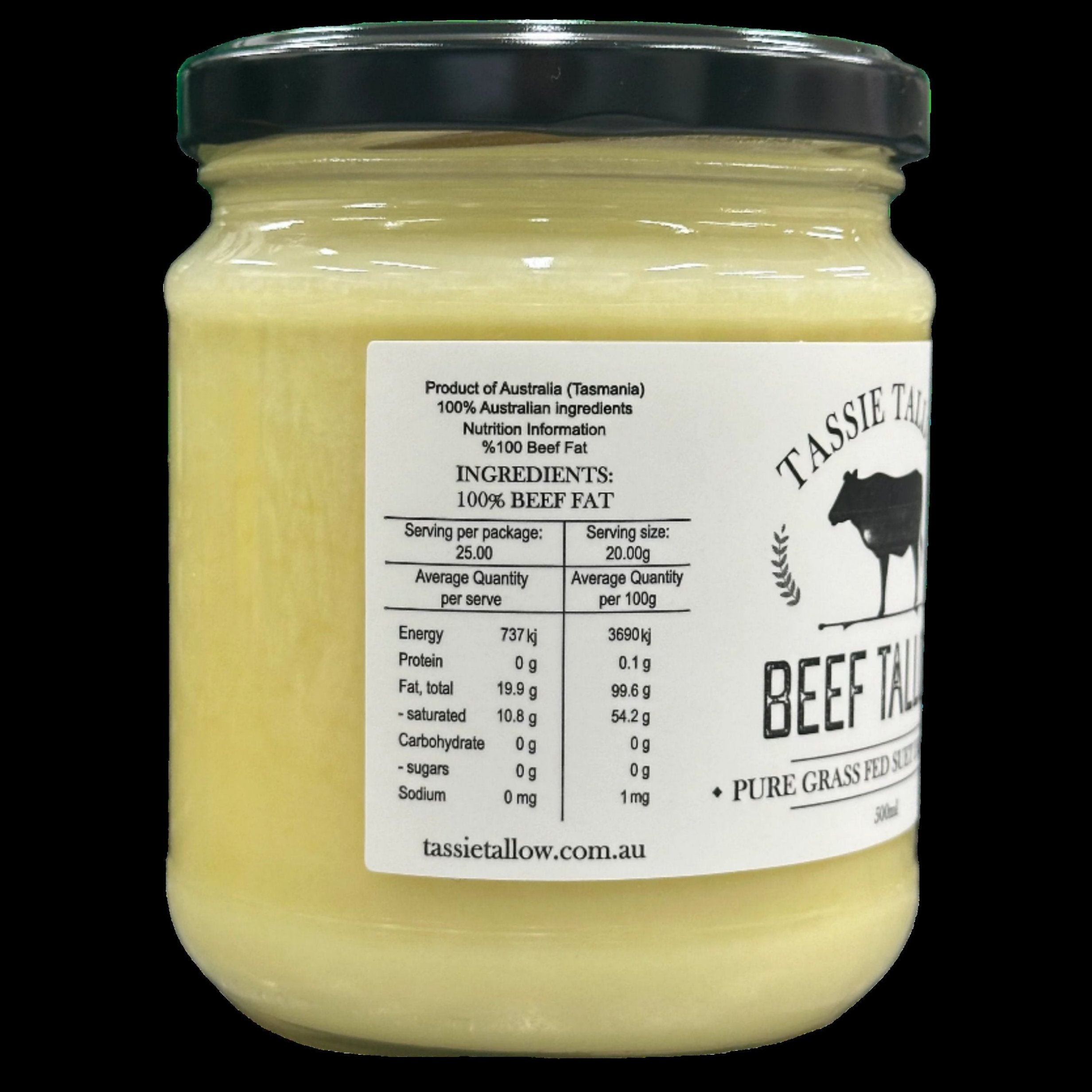 beef tallow 500mL jar in glass - side profile