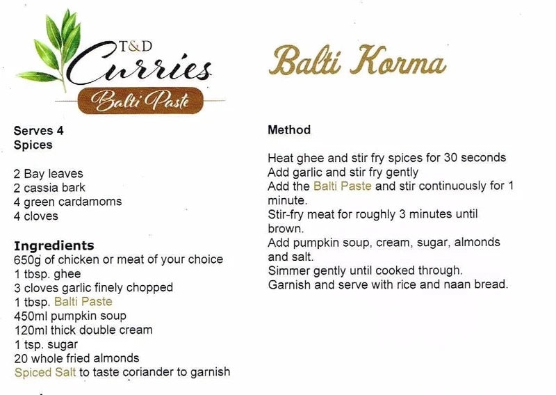Balti Korma Recipe Card