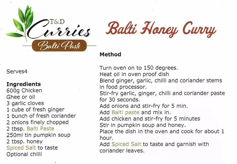 Balti Honey Curry Recipe Card